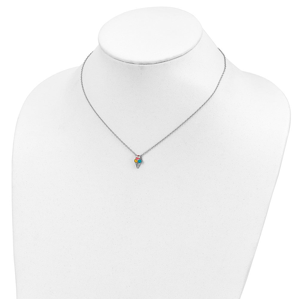 Sterling Silver Polished & Textured Multi-Color Enameled Ice Cream Cone With 2 Inch Extension Children'S Necklace
