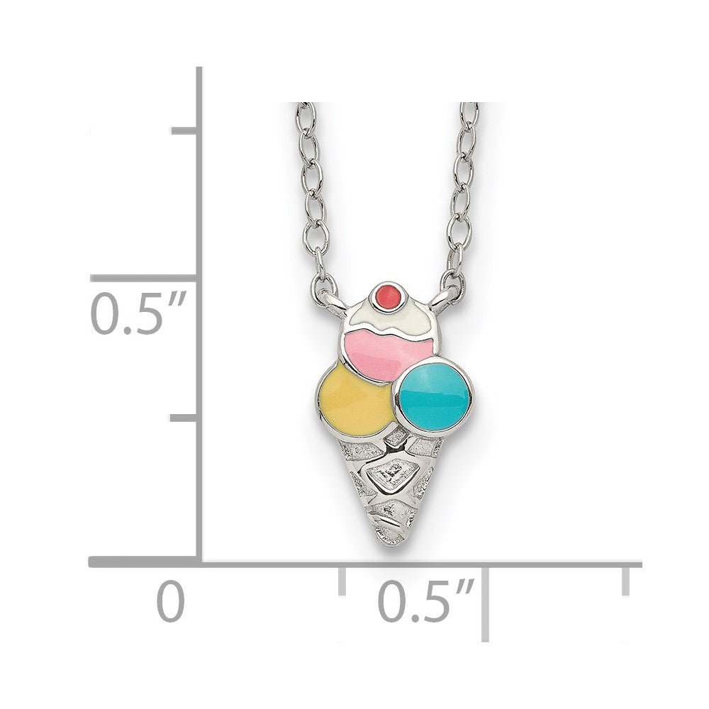 Sterling Silver Polished & Textured Multi-Color Enameled Ice Cream Cone With 2 Inch Extension Children'S Necklace
