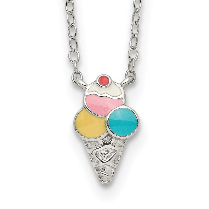 Sterling Silver Polished & Textured Multi-Color Enameled Ice Cream Cone With 2 Inch Extension Children'S Necklace