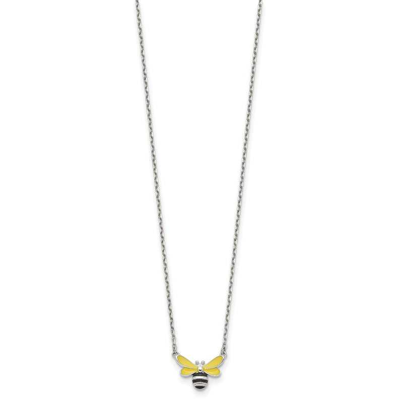 Sterling Silver Polished Yellow & Black Enameled Bumblebee With 2 Inch Extension Children'S Necklace