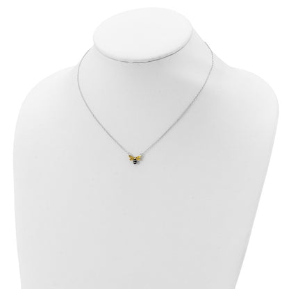 Sterling Silver Polished Yellow & Black Enameled Bumblebee With 2 Inch Extension Children'S Necklace
