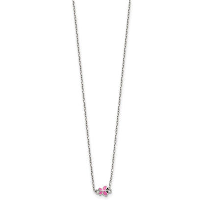 Sterling Silver Polished Pink & Black Enameled Butterfly With 2 Inch Extension Children'S Necklace