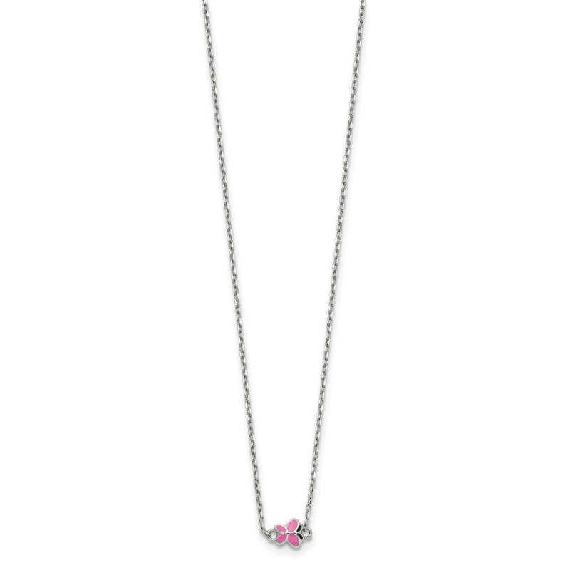 Sterling Silver Polished Pink & Black Enameled Butterfly With 2 Inch Extension Children'S Necklace