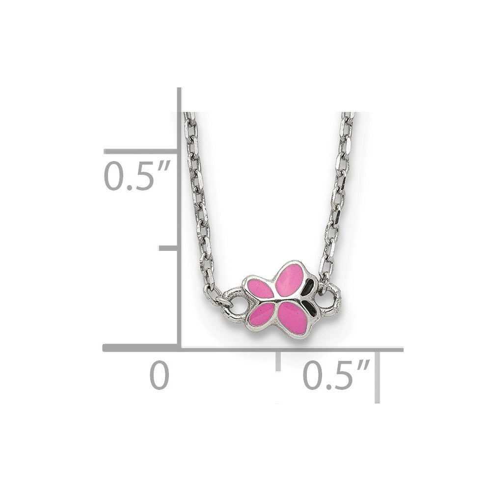 Sterling Silver Polished Pink & Black Enameled Butterfly With 2 Inch Extension Children'S Necklace