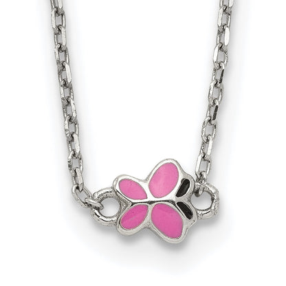 Sterling Silver Polished Pink & Black Enameled Butterfly With 2 Inch Extension Children'S Necklace