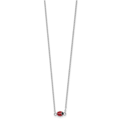 Sterling Silver Polished Red & Black Enameled Ladybug With 2 Inch Extension Children'S Necklace