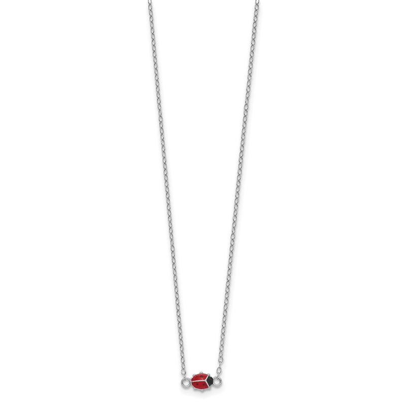 Sterling Silver Polished Red & Black Enameled Ladybug With 2 Inch Extension Children'S Necklace