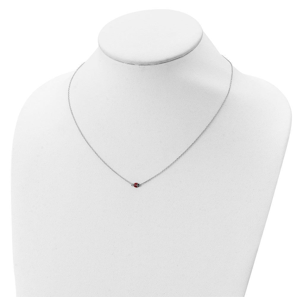 Sterling Silver Polished Red & Black Enameled Ladybug With 2 Inch Extension Children'S Necklace