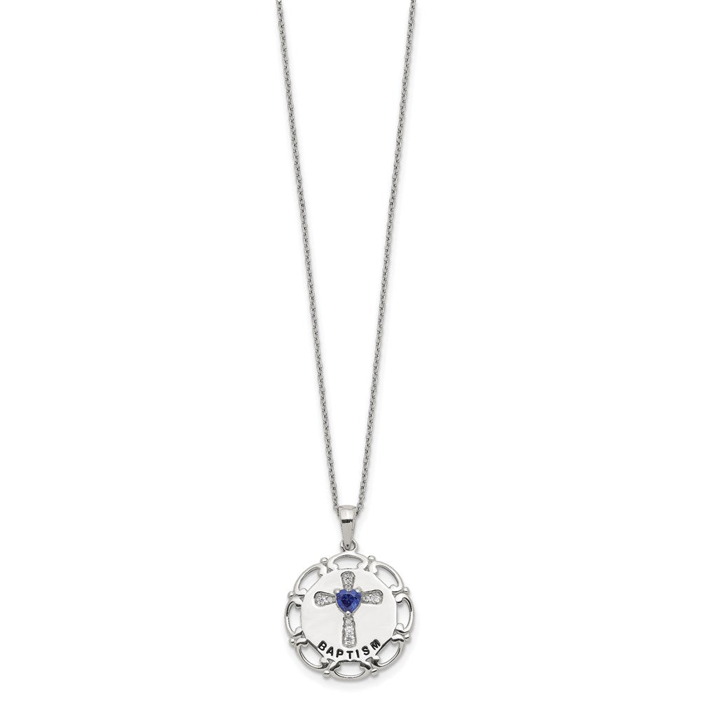 Sterling Silver Enameled Blue & Clear Cz Cross Necklace