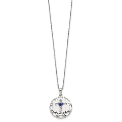 Sterling Silver Enameled Blue & Clear Cz Cross Necklace