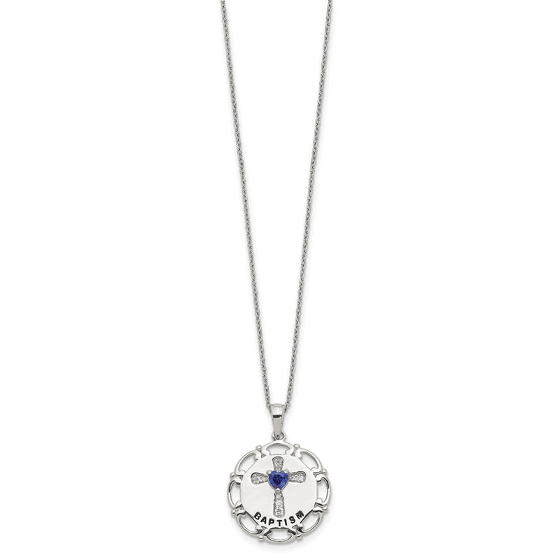 Sterling Silver Enameled Blue & Clear Cz Cross Necklace