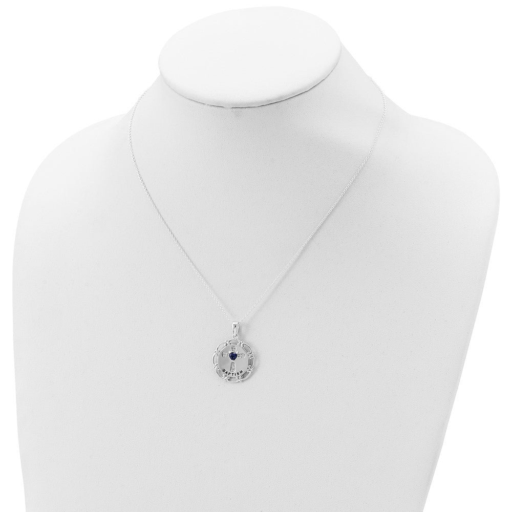 Sterling Silver Enameled Blue & Clear Cz Cross Necklace