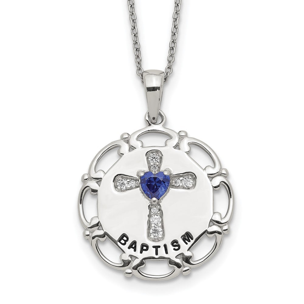 Sterling Silver Enameled Blue & Clear Cz Cross Necklace