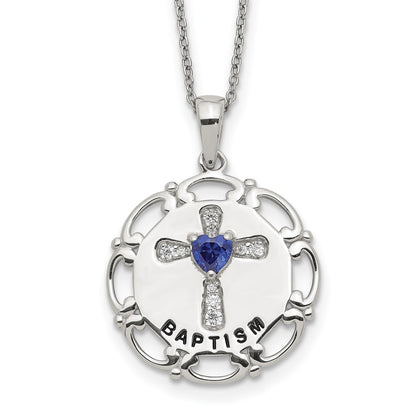 Sterling Silver Enameled Blue & Clear Cz Cross Necklace