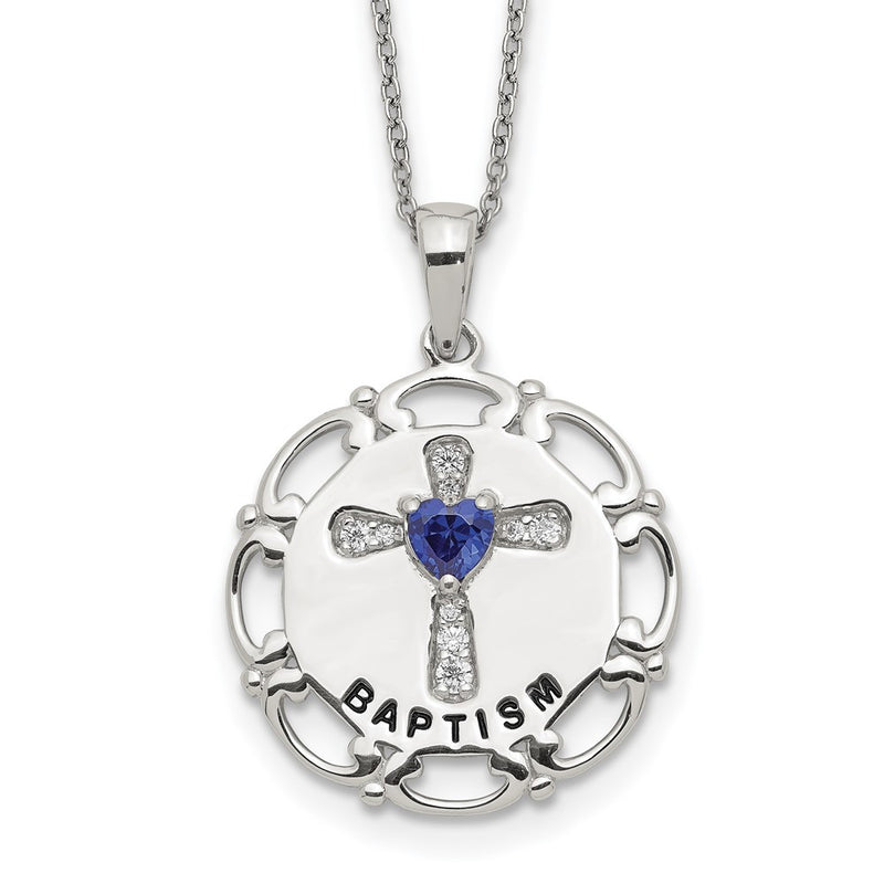 Sterling Silver Enameled Blue & Clear Cz Cross Necklace
