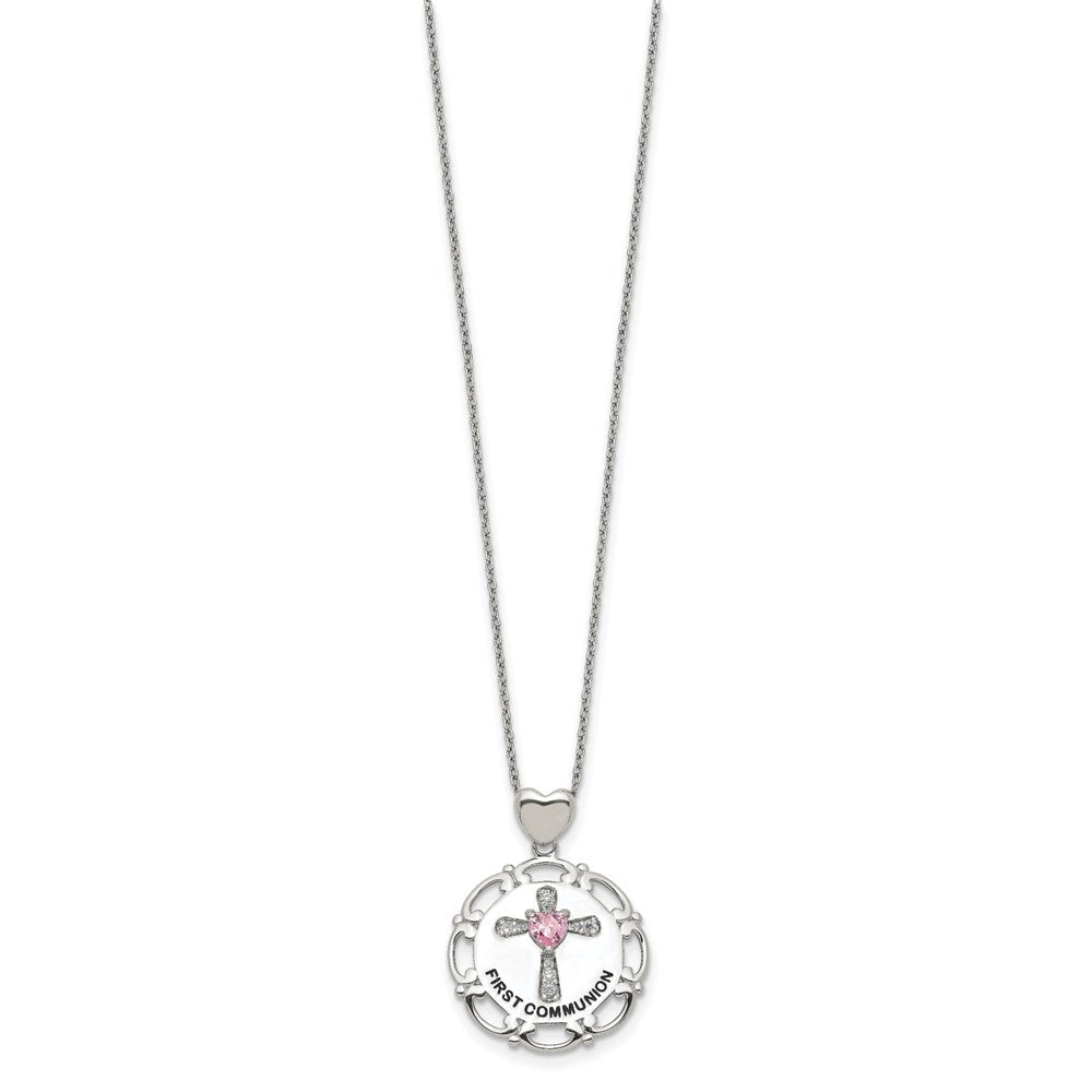 Sterling Silver Enameled Pink & Clear Cz Cross Necklace