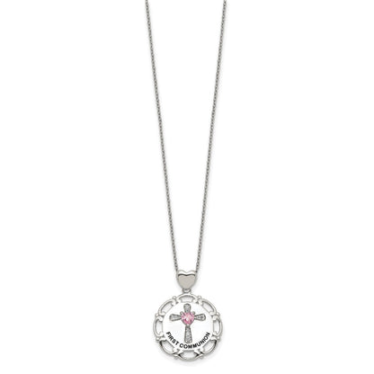 Sterling Silver Enameled Pink & Clear Cz Cross Necklace