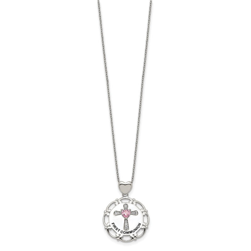 Sterling Silver Enameled Pink & Clear Cz Cross Necklace