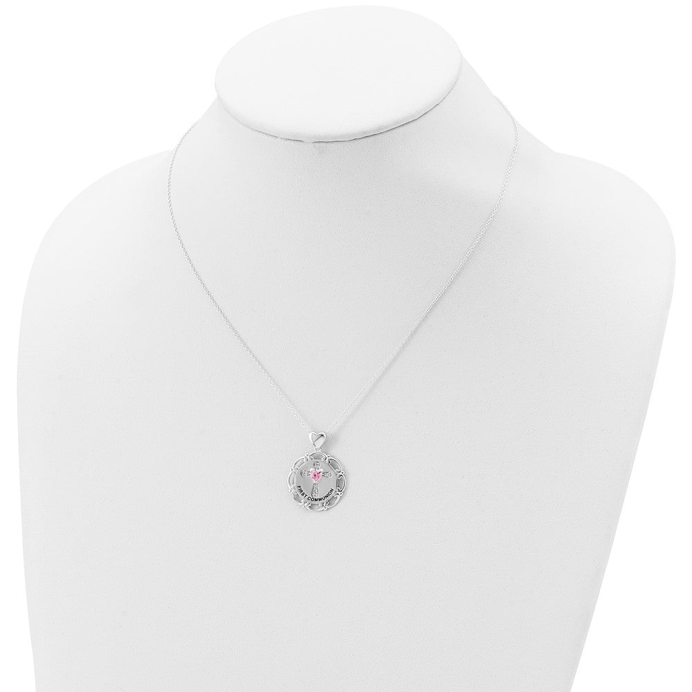 Sterling Silver Enameled Pink & Clear Cz Cross Necklace