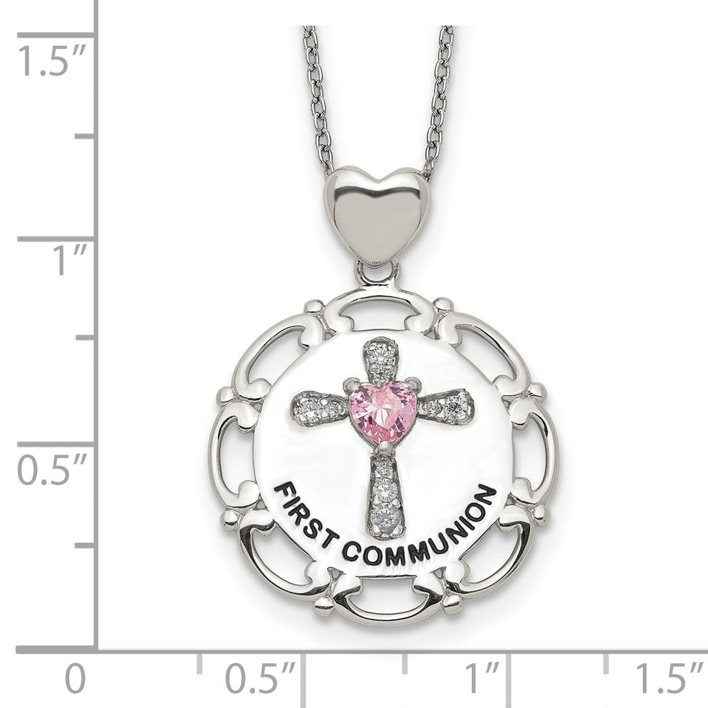 Sterling Silver Enameled Pink & Clear Cz Cross Necklace