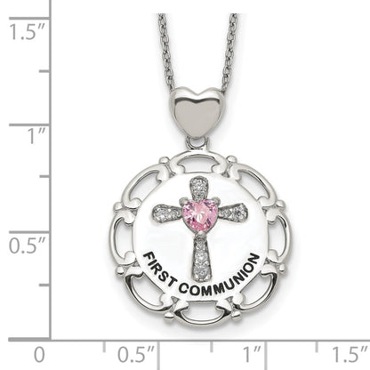 Sterling Silver Enameled Pink & Clear Cz Cross Necklace