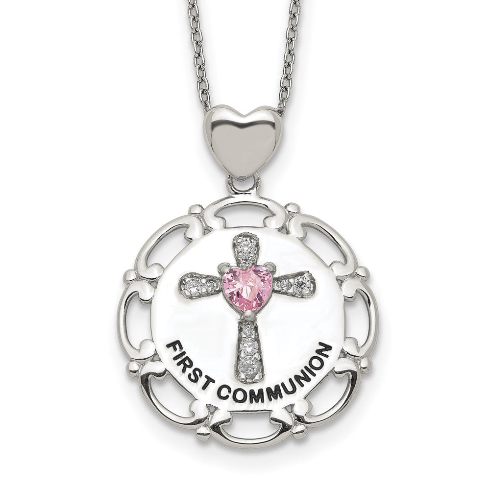 Sterling Silver Enameled Pink & Clear Cz Cross Necklace