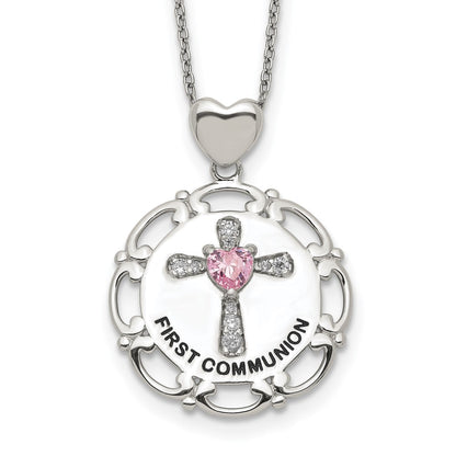Sterling Silver Enameled Pink & Clear Cz Cross Necklace