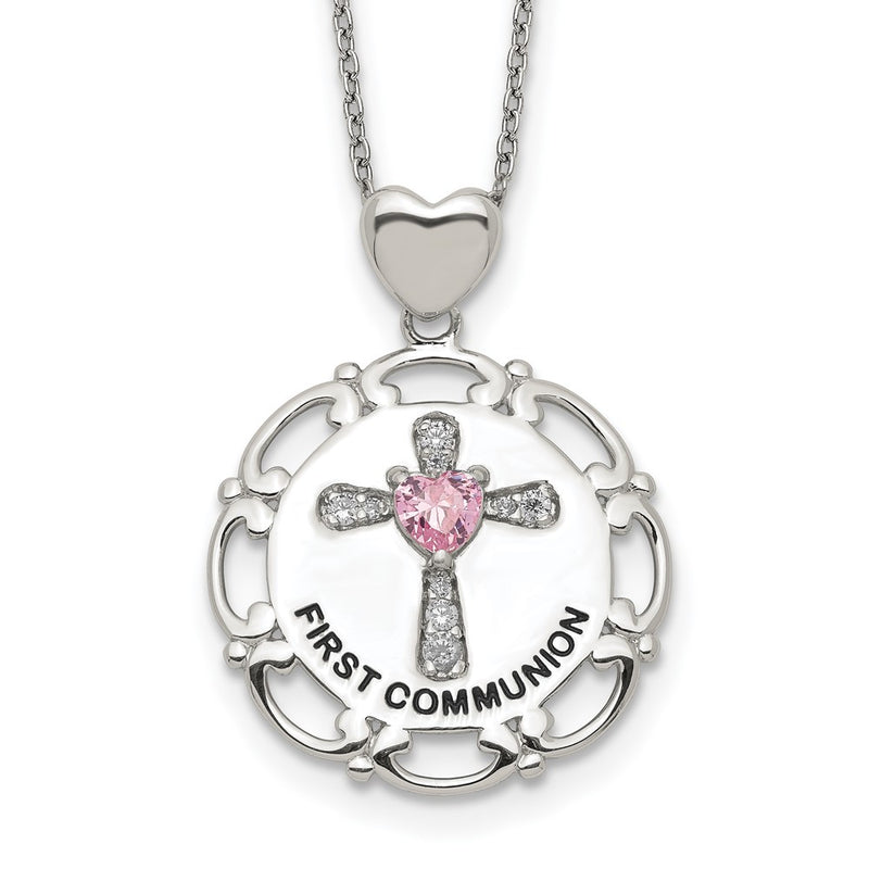 Sterling Silver Enameled Pink & Clear Cz Cross Necklace
