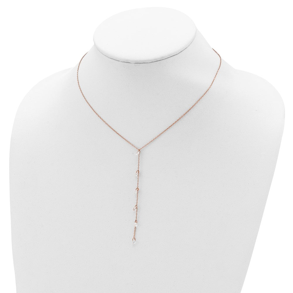 Sterling Silver Rose-Tone Cz Dangle W/ 2In Ext. Necklace