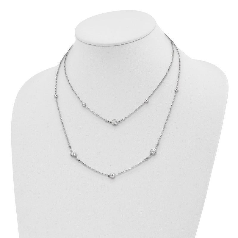 Sterling Silver Rhodium-Plated Cz/Beaded 2-Strand W/1In Ext. Necklace
