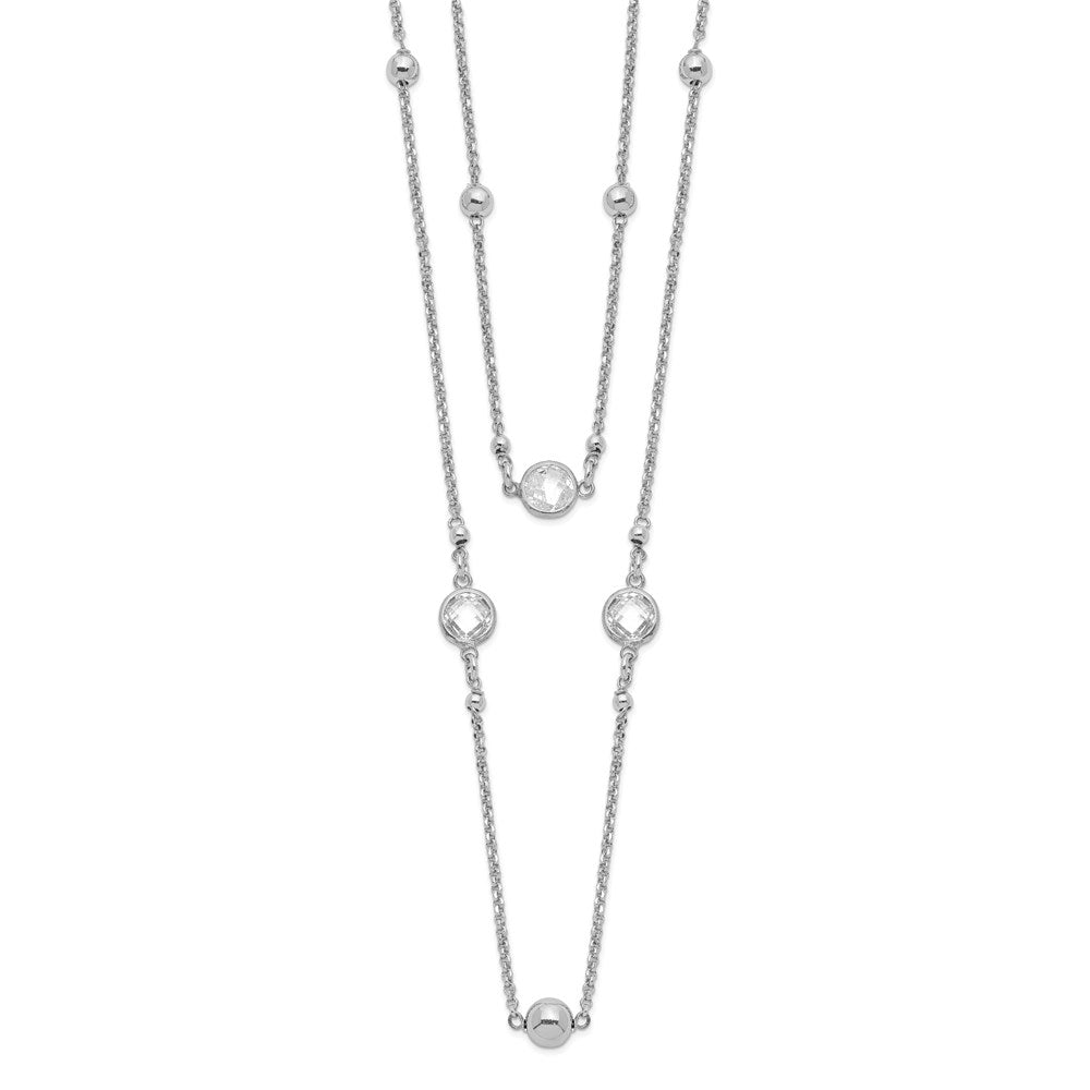 Sterling Silver Rhodium-Plated Cz/Beaded 2-Strand W/1In Ext. Necklace
