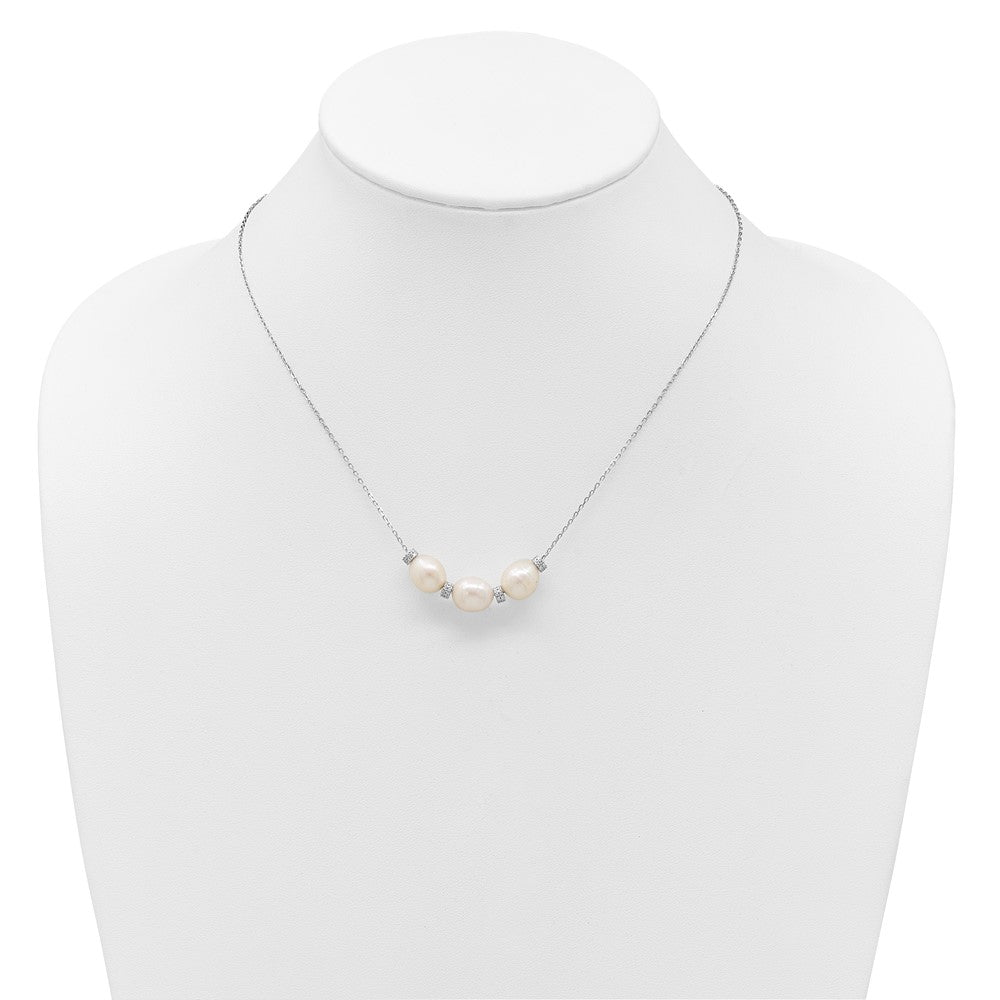Sterling Silver Rhodium-Plated Cz Bead/Fwc Pearl W/ 2In Ext. Necklace