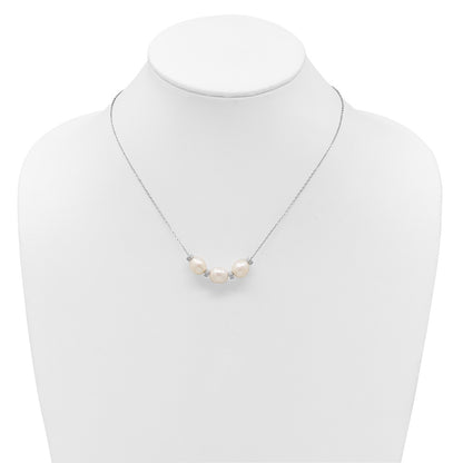 Sterling Silver Rhodium-Plated Cz Bead/Fwc Pearl W/ 2In Ext. Necklace