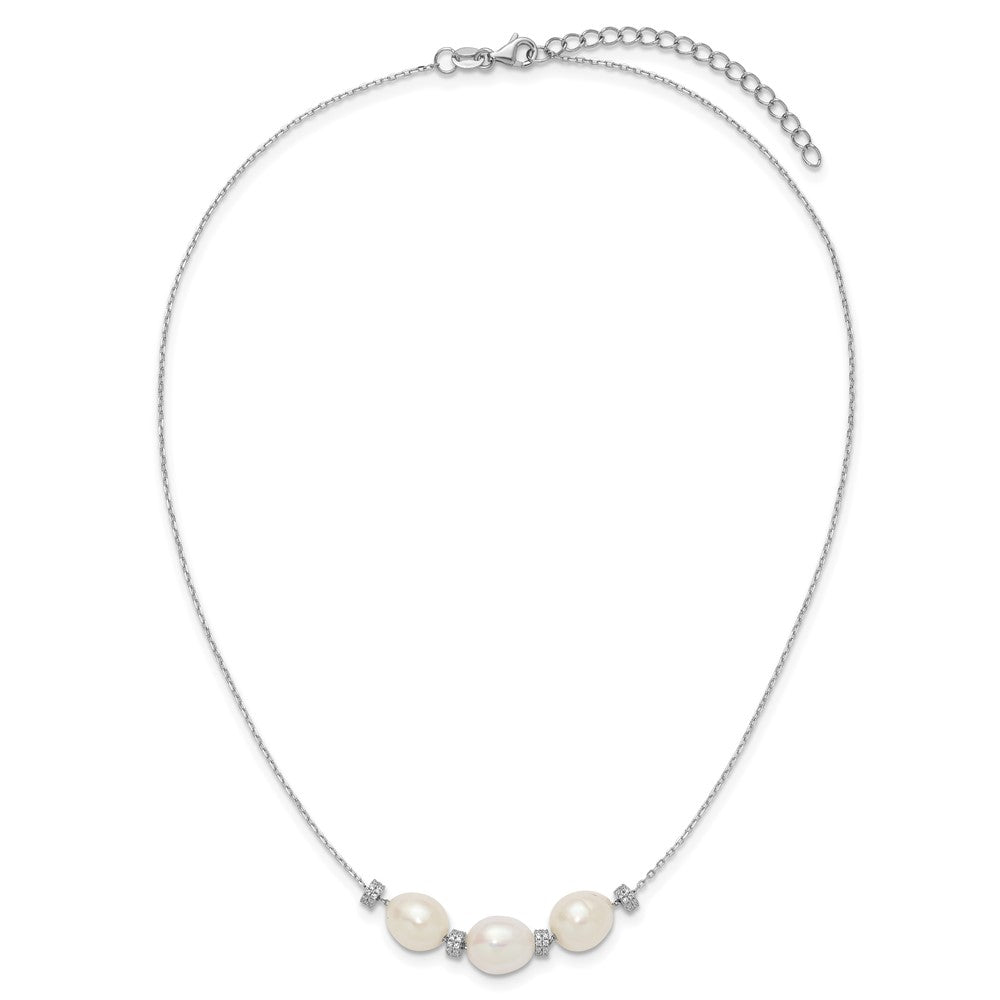 Sterling Silver Rhodium-Plated Cz Bead/Fwc Pearl W/ 2In Ext. Necklace