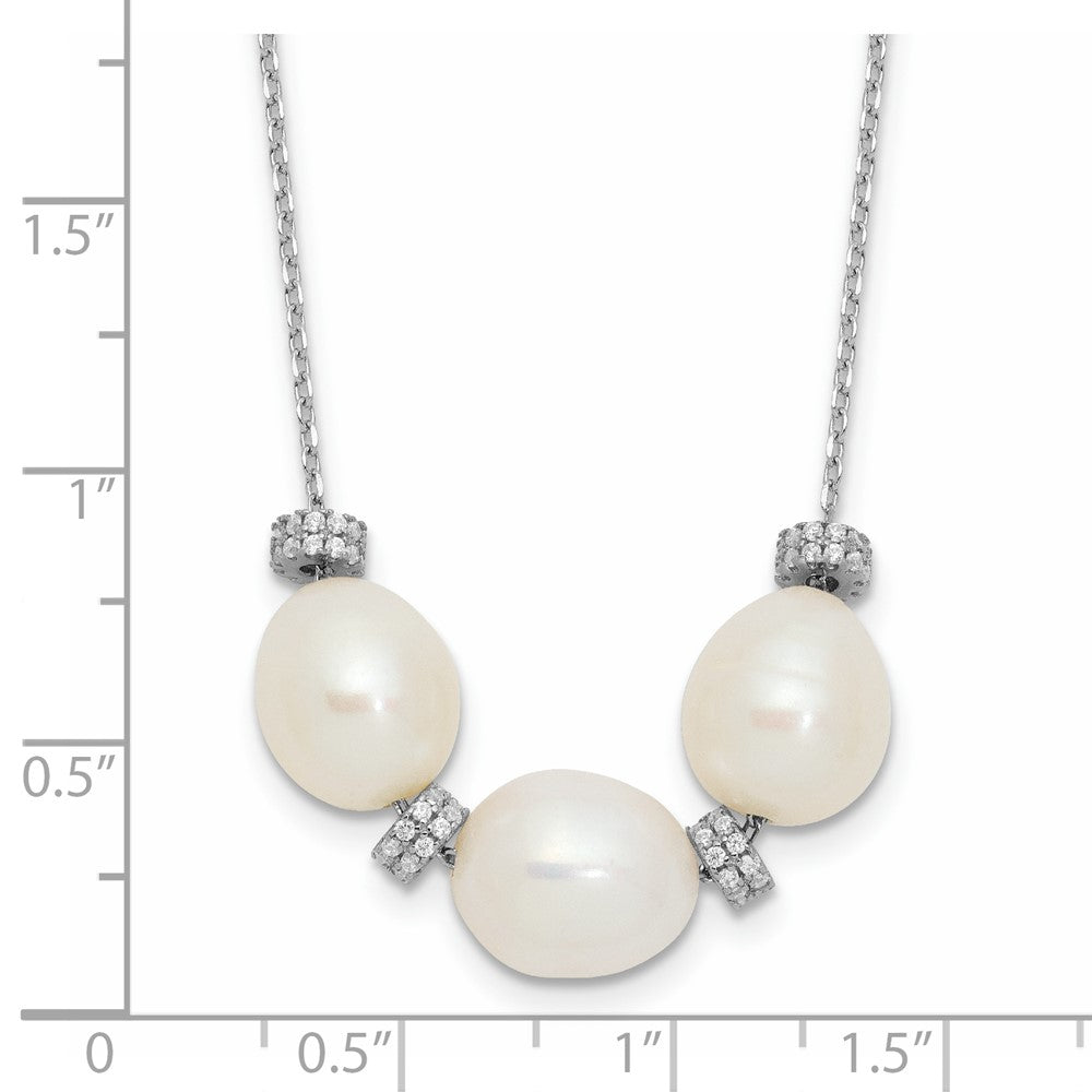 Sterling Silver Rhodium-Plated Cz Bead/Fwc Pearl W/ 2In Ext. Necklace
