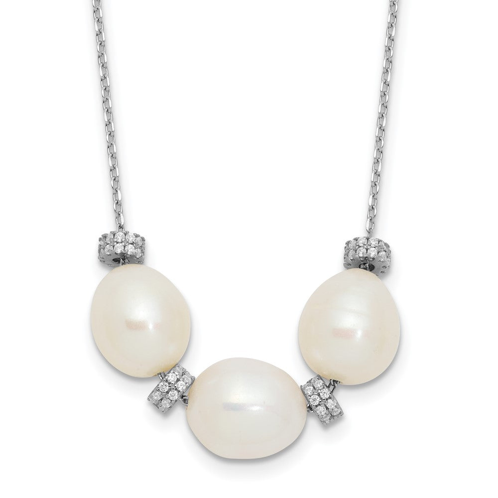 Sterling Silver Rhodium-Plated Cz Bead/Fwc Pearl W/ 2In Ext. Necklace