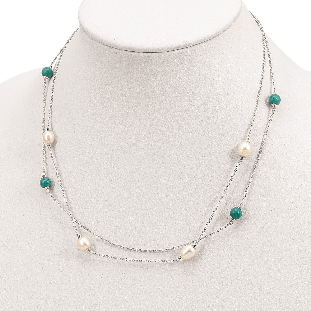 Sterling Silver Rhod-Plated Turquoise/Fwc Pearl W/2 In Ext Necklace