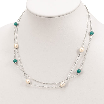 Sterling Silver Rhod-Plated Turquoise/Fwc Pearl W/2 In Ext Necklace