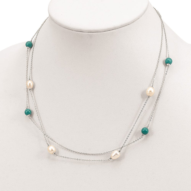 Sterling Silver Rhod-Plated Turquoise/Fwc Pearl W/2 In Ext Necklace