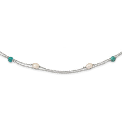 Sterling Silver Rhod-Plated Turquoise/Fwc Pearl W/2 In Ext Necklace
