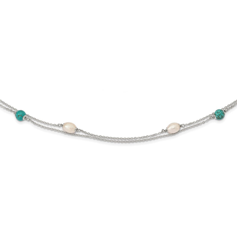 Sterling Silver Rhod-Plated Turquoise/Fwc Pearl W/2 In Ext Necklace