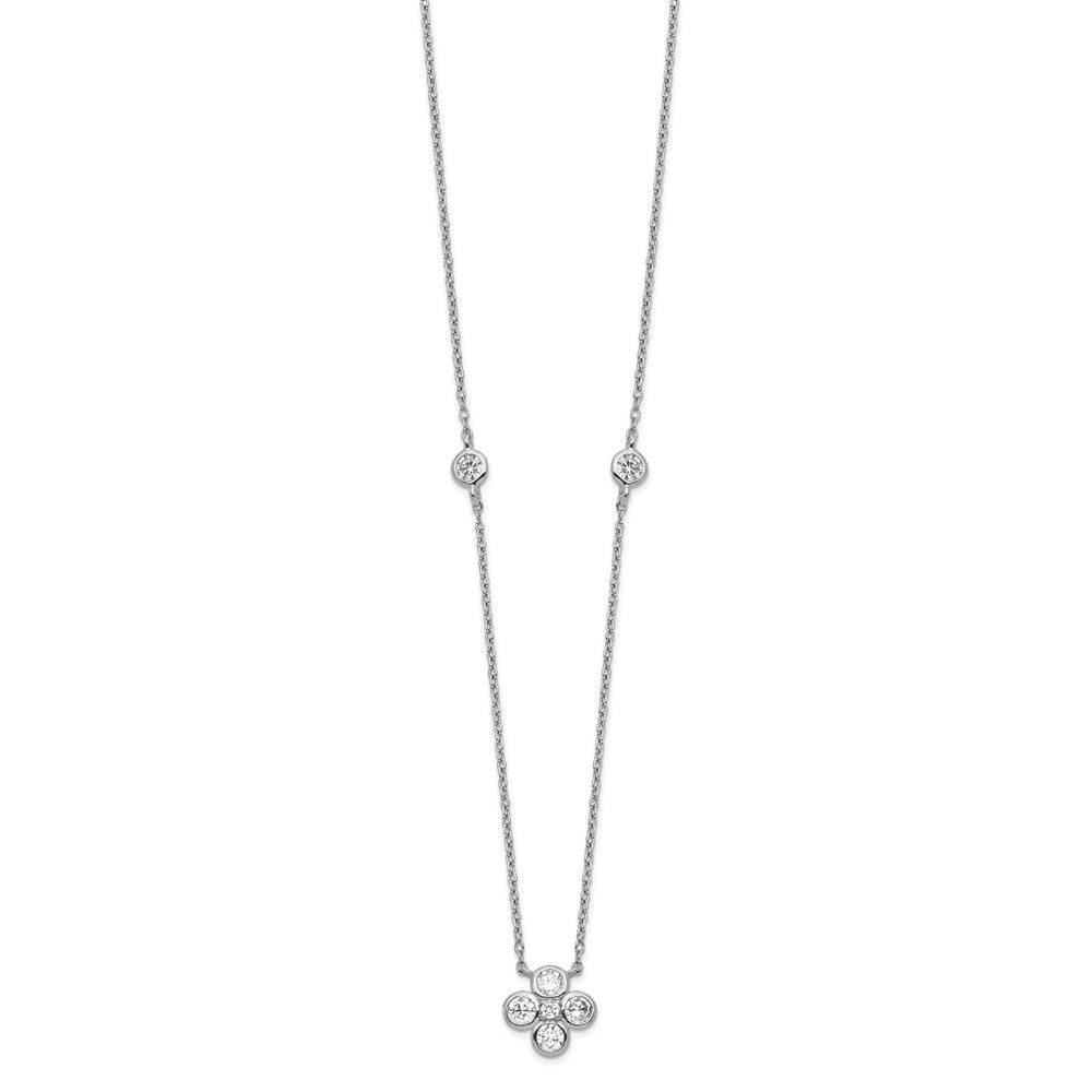 Sterling Silver Rhodium-Plated Polished Cz Flower With 2In Ext. Necklace