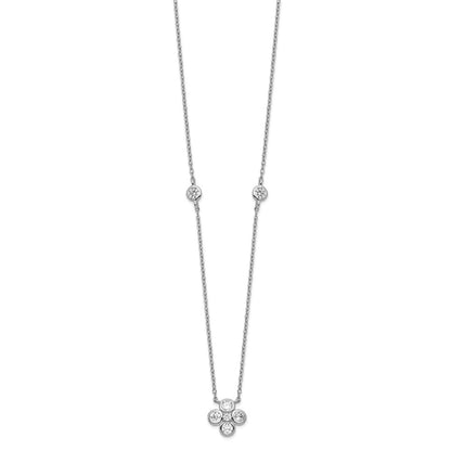Sterling Silver Rhodium-Plated Polished Cz Flower With 2In Ext. Necklace