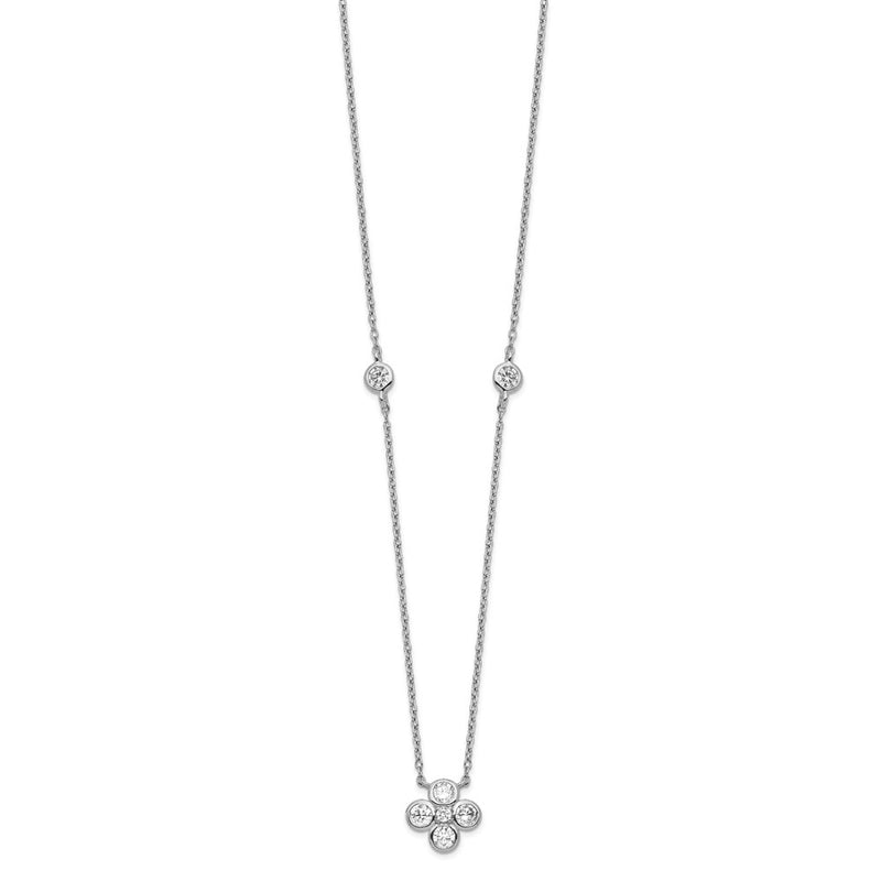 Sterling Silver Rhodium-Plated Polished Cz Flower With 2In Ext. Necklace