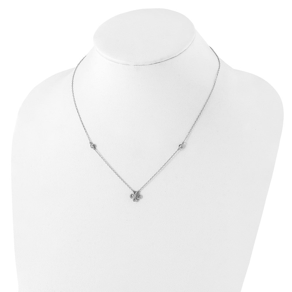 Sterling Silver Rhodium-Plated Polished Cz Flower With 2In Ext. Necklace