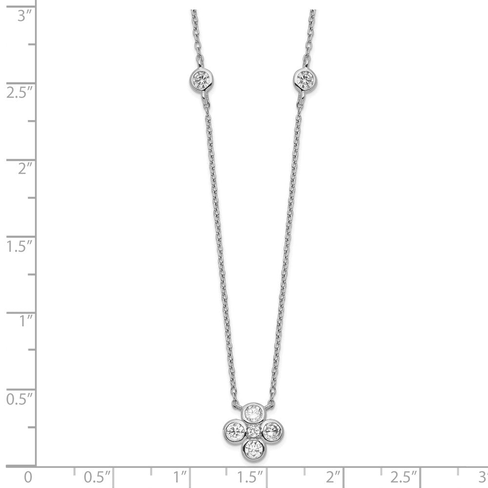 Sterling Silver Rhodium-Plated Polished Cz Flower With 2In Ext. Necklace