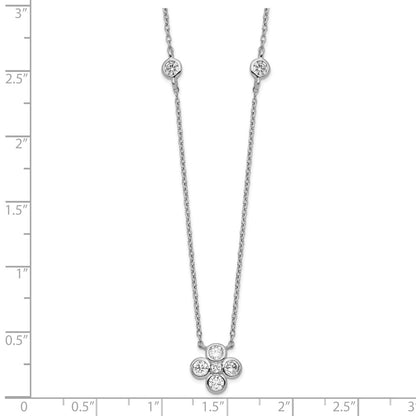 Sterling Silver Rhodium-Plated Polished Cz Flower With 2In Ext. Necklace