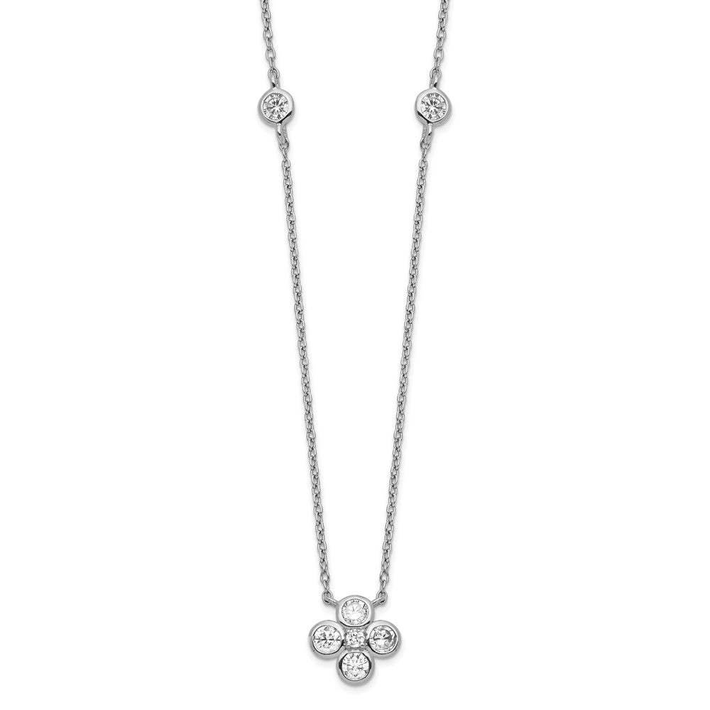 Sterling Silver Rhodium-Plated Polished Cz Flower With 2In Ext. Necklace