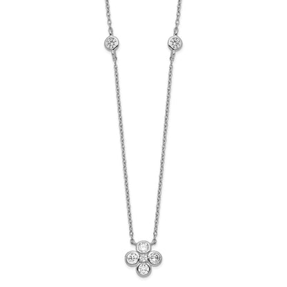 Sterling Silver Rhodium-Plated Polished Cz Flower With 2In Ext. Necklace