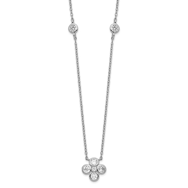 Sterling Silver Rhodium-Plated Polished Cz Flower With 2In Ext. Necklace